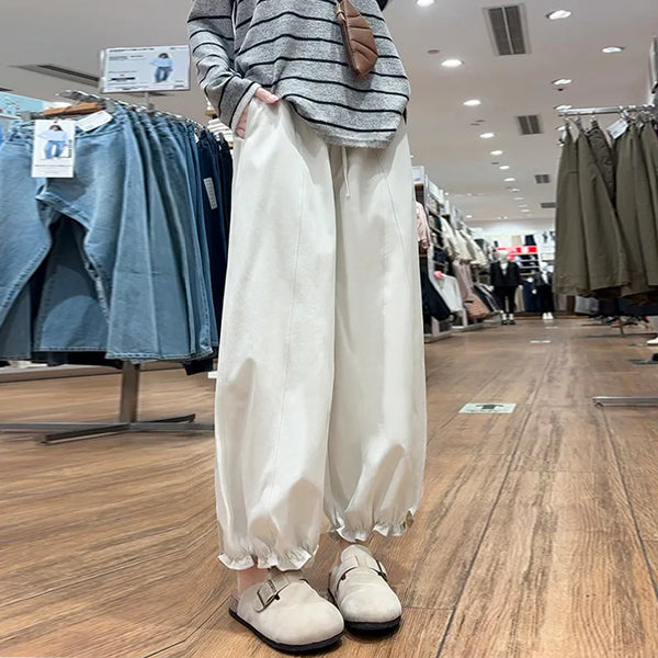 Cute Ruffled Hem Bloomers Pants Woman Japanese Lazy Style Loose Breathable Wide Leg Pants Autumn Y2K Women's Bottoms