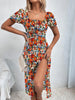 Women's Boho Curvy Holiday Outfits Frenchy Style Ditsy Floral Print Ruched Split Thigh Milkmaid Puff Sleeve Square Neck Dress
