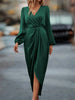 Women's Satin Evening Party Maxi Dress Draped Silk V-Neck Long Sleeve Office Lady Midi Dresses Vestidos Sexy Chic Robes Longue