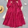Vintage Chiffon Long Dress Women Elegant V-neck Long Sleeved Casual Dresses French Pleated Slim A-line Long Robe Vestidos