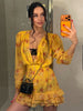 Women Elegant Flora Painted Ruffle Mini Dress Chic Full Sleeve Deep V-neck Slim A-line Dresses Lady Vacation Street Gowns