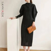 Pleated Half High Collar Batwing Sleeve Women's Dress Chic Elastic Loose Casual Famale Clothes 2DB4324