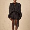 French Style Bubble Sleeve Mini Dress Woman Ruffle Solid Bright Satin Party Dress Spring Tie-up O Neck Pleated Dress