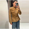 Vintage Suede Jackets Women's Full Sleeves Single-breasted Waist-cinching Stand Collar Coats Ladies Autumn Outwear