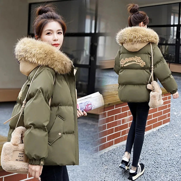 Cotton-Padded Jacket Women Winter Heavy Wool Collar Parkas Short Coat Female Thick Warm Down Cotton Overcoat Ladies Top