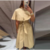 Women's Trench Style Midi Dress Stand Collar Cape Overlay Short Sleeve Belted Waist A‑Line Dresses Autumn Elegant Office Outfits