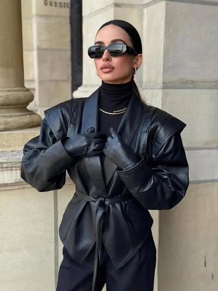 Suninherat Autumn Faux Leather Jacket Black PU Jacket Coat with Belt Lapel Women's Outwear