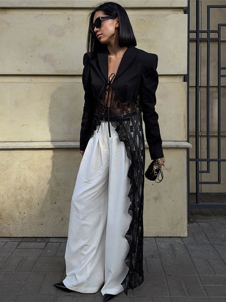 Jacquard Patchwork Long Coat Women Autumn Elegant Irregular Hem Full Sleeve Bandages Dell V-Neck Chic Streewear