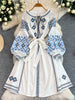 Women's Dress Spring Vintage Embroidery Lace-up O-Neck Versatile Loose Bandage Waist A-line Mid-length Vestidos DS354