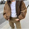 Elegant Hooded Plush Short Coat Women Retro Chic Suede Single Breasted Jackets Coats Female Winter Casual Street Outwear