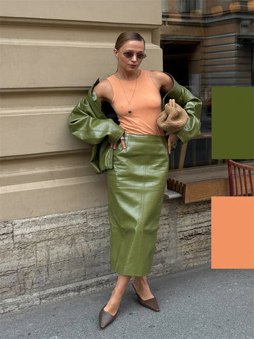 Chic Pu Leather Women's Jackets Skirts Suit Vintage Stand Collar Zipper Full Sleeve Outfits Female Autumn Lady Streetwears