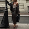 Chic Pu Leather Women's Jackets Skirts Suit Vintage Stand Collar Zipper Full Sleeve Outfits Female Autumn Lady Streetwears