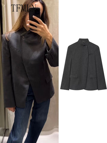 Women Loose Blazer Jackets Vintage Office Lady Single Button Full Sleeve Outwear Stand Collar Coats