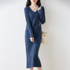 Women Pure Wool Sweater Dresses Long Sleeve Purllover 100% Merino Wool V-neck Knitwear Spring Autumn Grace Striped Dresses