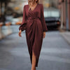 Elegant Women's Maxi Dress With Cross Neckline Folded Pleats Slit Bubble Sleeves Irregular Long Sleeves Dress Autumn