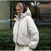 Vintage Reversible Spotted Print Cotton Coat Women Chic Hooded Drawstring Stand Collar Female Coat Winter Lady Outerwear