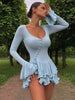 Women's A-Line Bodycon Mini Dress Ruffle Hem V-Neck Asymmetrical Buttons Long Sleeve Short Dress Party Streetwear Outfits