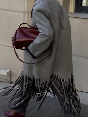 Grey Tassel Woolen Overcoat Women Casual Lapel Long Sleeves Double-breasted Pocket Loose Long Coat Lady Commute Outwear