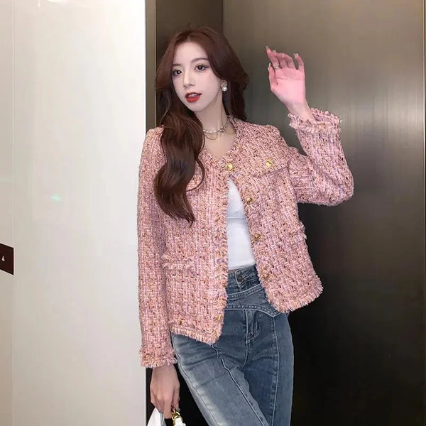 All-Match Tweed Coat Female Elegant O-Neck Cropped Jacket Women Spring Autumn Korean Small Fragrance Jacket Outwear