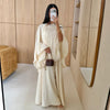 Women Beige Pleated Cape Set Loose Long Sleeved Ruffles Blouse A-line Maxi Flowy Skirt Chic Formal Evening Party Outfit