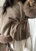 Elegant Lace Up Woolen Short Coat Solid Loose Lapel Furry Long Sleeve Belt Waist Jacket Spring Autumn Lady Chic Cardigan