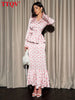 Slim Print Women's Dress Autumn V-Neck Long Sleeve Ankle Length Dresses Elegant Classic Pleated Female Dress