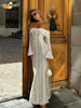 Vintage Hollow Out Floral Lace Off Shoulder Maxi Dress Women Flare Long Sleeve Slim Dresses Elegant Lady Party Robe