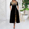 Women's Irregular Lattice Patchwork Long Dresses Vintage Buttons O Neck Half Sleeves Casual Lady Commuting Dress