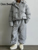 Street Stripe Cotton Padded Coat Pant Women Set Loose Full Sleeve Hooded Zipper Jacket Elastic Waist Pants Winter Lady Suit