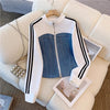 Pant Set Women Two Piece Sets Denim Splice Zipper Matching Sets Casual Coats Wide Leg Long Pants Lace Up Elastic Waist