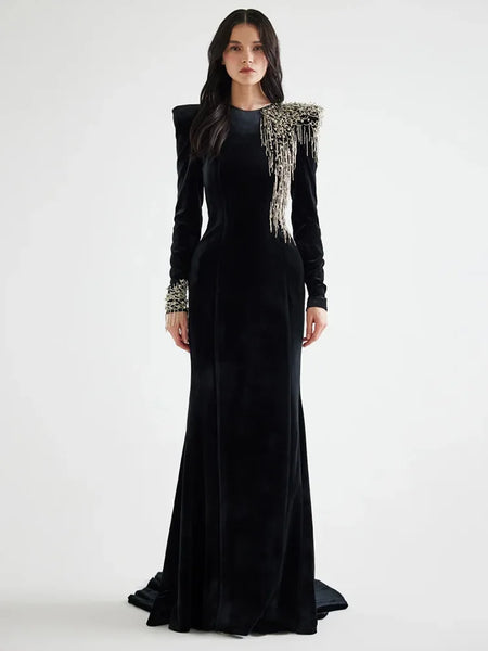 High Street Designer Maxi Dresses Women's Formal Long Sleeve Beaded Acetic Velvet Long Maxi Dress