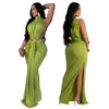 Women O-neck High Split Ruched Stacked Bodycon Midi Maxi Dress Evening Party Club Vestidos Sexy Chic Long Dresses