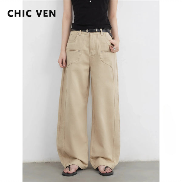 Women Jeans Solid Loose Casual Split Wide Leg Denim Pant Workwear Female Trousers Spring Autumn