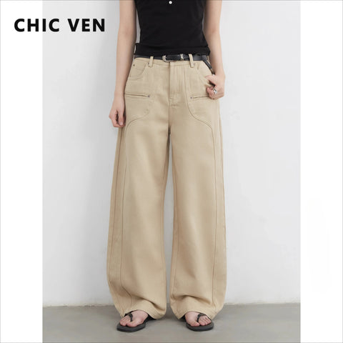 Women Jeans Solid Loose Casual Split Wide Leg Denim Pant Workwear Female Trousers Spring Autumn