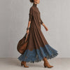 Women Vintage Boho Turtleneck Long Sleeve Maxi Dress Lace Hem Sashes Waist Flowy Long Dress Fall Winter Elegant Ladies Robe