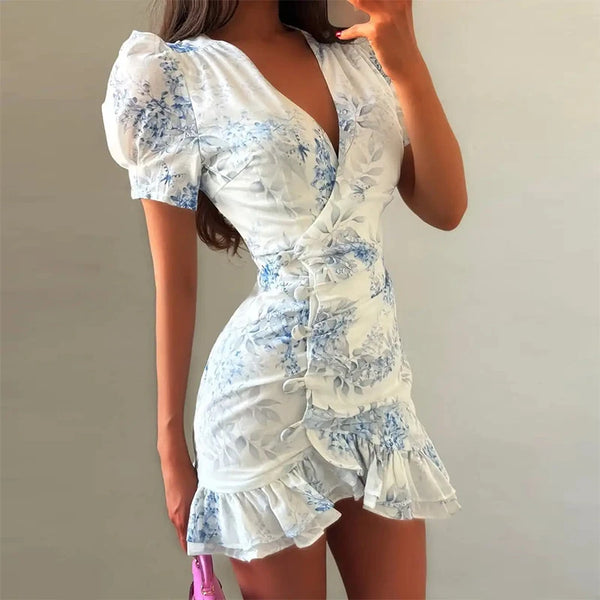 Women Sexy Flora Painted Ruffle Slim Dress Chic Deep V-neck Double Layered Ruffled Hem Dresses Lady Daily Party Gowns