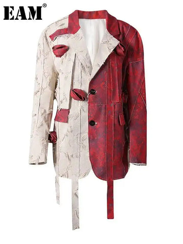 Color Block 3D Flower Turn-Down Collar Long Sleeve Blazer Slim Fit Women's Top Spring Autumn CPG2870