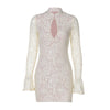 Lace Hollow Out Long Sleeve Sexy Mini Dress For Women Half High Collar Bodycon Club Party Dress Elegant Dresses