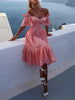 Dress Women Off Shoulder Mid Length Dresses Solid Dot Sexy Splice Tight High Waist V Neck A Line Elegant Slim Fit Vestid