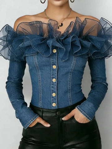 Retro Denim Off-shoulder Top for Women Mesh Ruffles Long Sleeve Single-breasted Blouses Street Slim Fit Jean Shirt