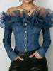 Retro Denim Off-shoulder Top for Women Mesh Ruffles Long Sleeve Single-breasted Blouses Street Slim Fit Jean Shirt