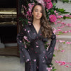 Elegant Printed Satin Long Dress Women Slim Lace Up V-neck Full Sleeve Pleat Dresses Autumn Lady Party Evening Robes