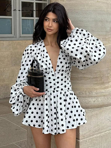 Polka Dot Puff Sleeve Dress Women's V-neck Waist Cinching Pleated Mini Dresses Spring Lady Elegant Casual Wear