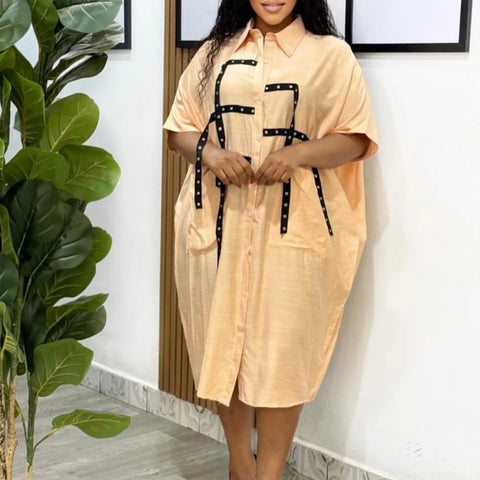 Loose Shirt Dress Lapel Single Breasted Half Sleeved Big Pocket Spliced midi Dresses Women Elegant Commuter Shirt