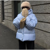 Women Striped Hooded Cotton Jacket Long Sleeve Stand Zipper Buttons Thickening Padded Jackets Winter Casual Coat