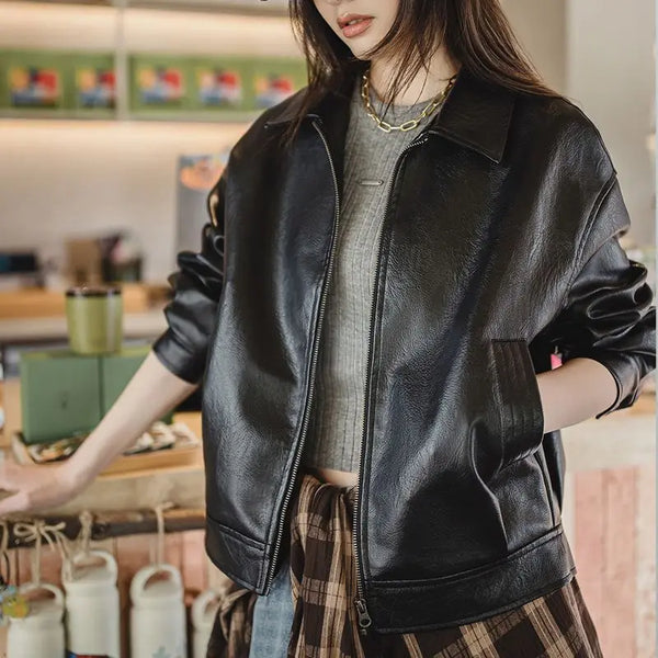 Women's Retro Black Leather Jacket Short Motorcycle Style Jackets with Metal Buttons Versatile Autumn and Spring Outerwear