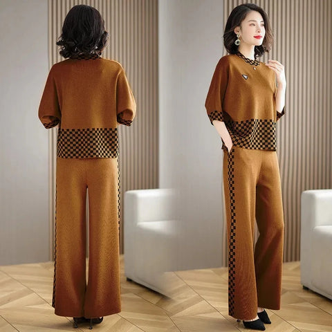 Middle-aged mother Suit Spring Autumn Loose Plaid Patchwork Top+Wide leg pants Two-piece Women's Clothing Sets