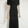 Women Ruched Maxi Dress Asymmetric Draped Sleeve High Neck Bodycon Mermaid Formal Evening Party Gown