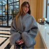 Women's Solid Lapel Woolen Coat Elegant Full Sleeves Lace Up Loose Patchwork V-neck Overcoat Winter Office Commute Jacket