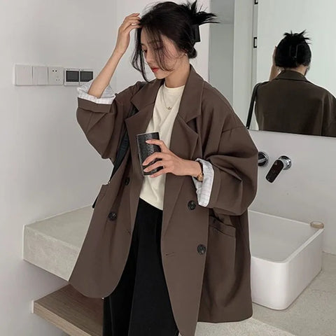 Women Minimalist Solid Outwear Loose Elegant Retro Official High Street Feminine All-match Spring Comfortable Coat